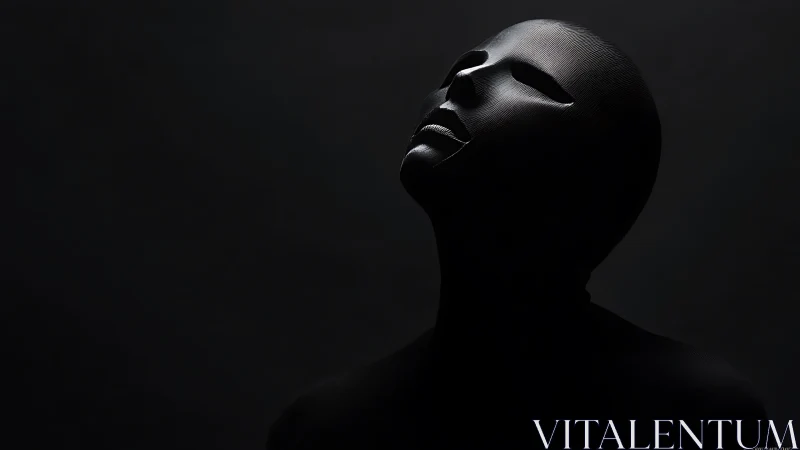 Textured black mannequin head leans upward in stark chiaroscuro