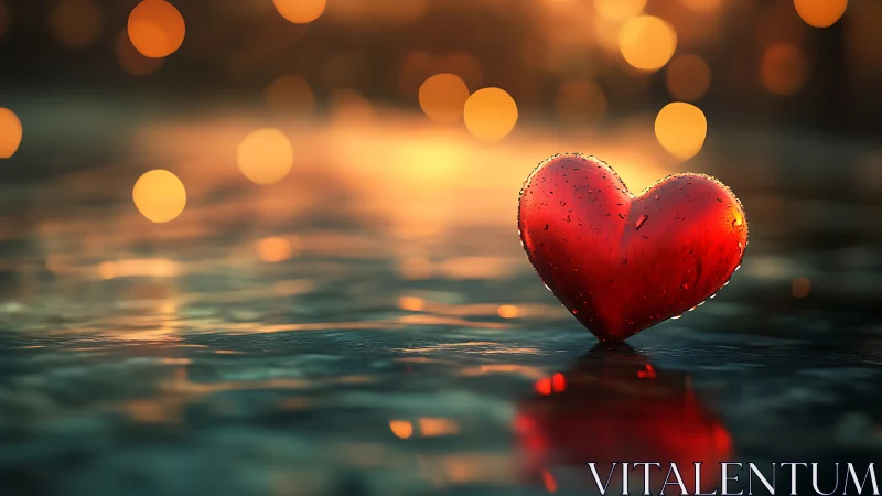 Crimson heart glistens against dancing amber light