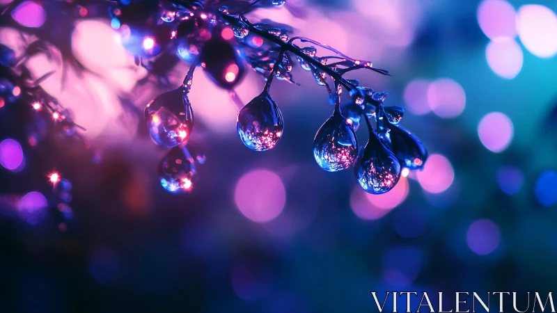 Iridescent droplets on branch in neon bokeh environment.