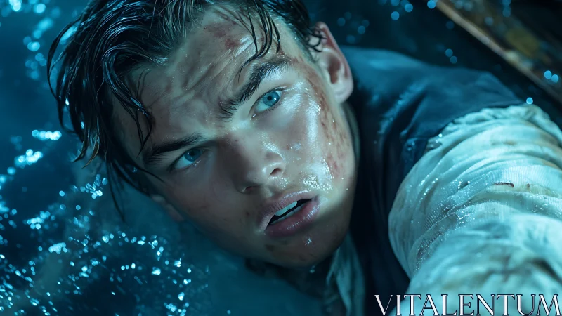 Wet, distressed young man clinging to floating debris.