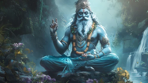 Serene blue mystic meditates in a lush waterfall forest