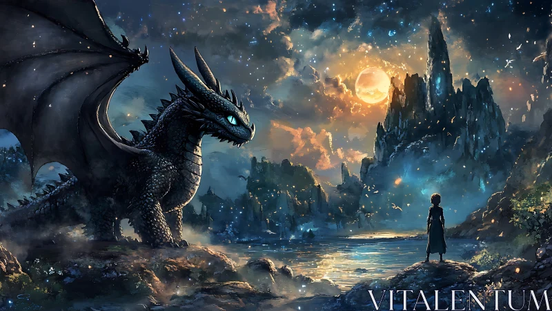 Moonlit dragon and lone wanderer meet by a mystical lake.