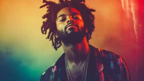 Neon gradient portrait uses low angle lighting for bold presence