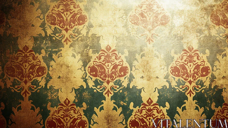Vintage damask wallpaper shows distressed ornate pattern.