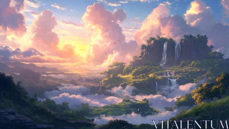 Sunlit waterfalls pour into a dreamy valley of drifting clouds
