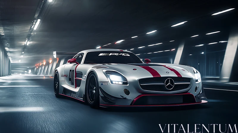 Mercedes race car in illuminated tunnel at speed.