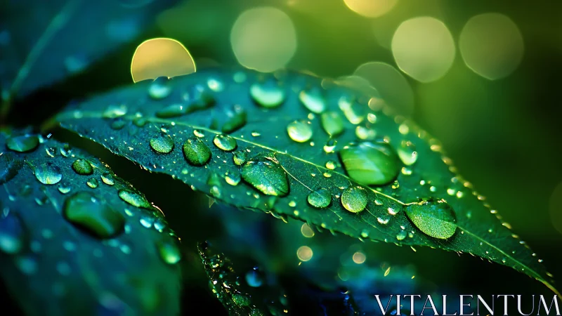 Raindrops glisten on emerald leaves in luminous morning light.