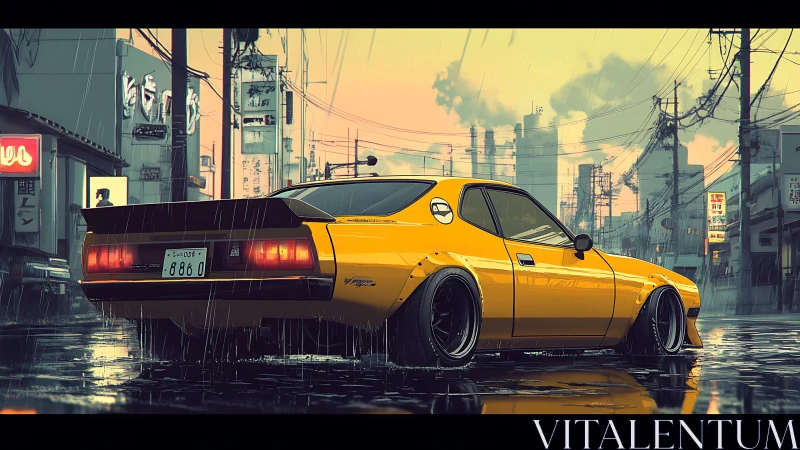 Neon-soaked retro sports car in rainy Tokyo backstreet scene.