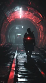 Lone courier stalking neon tunnels in red-soaked silence.