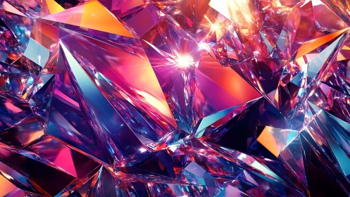 Prismatic crystal shards in neon refracted light bloom.