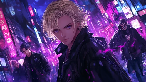 Blond gang leader strides through neon city alley at night