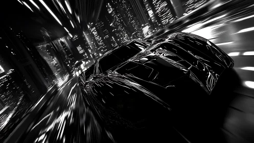 Futuristic sports car races through high speed city tunnel