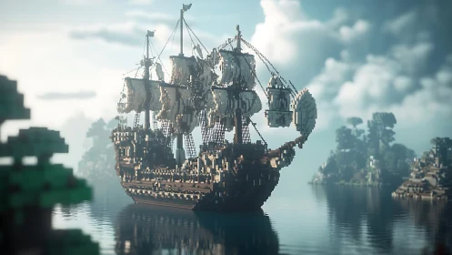 Voxel-rendered galleon floats on calm water under diffused light