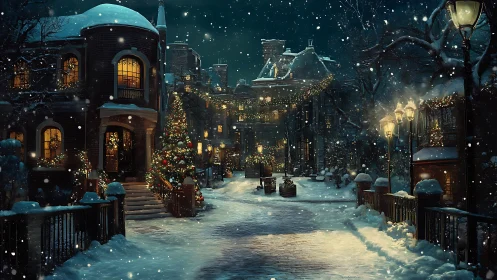 Snow-covered holiday street glows with warm architectural lighting