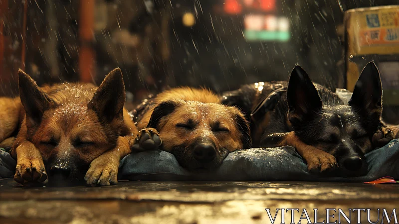 Three German Shepherds Sheltering Together in Urban Rain