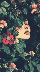 Woman&rsquo;s face framed by dense green foliage and flowers.