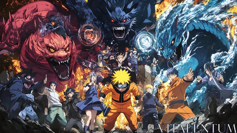 Group of anime combatants framed by large elemental beasts.
