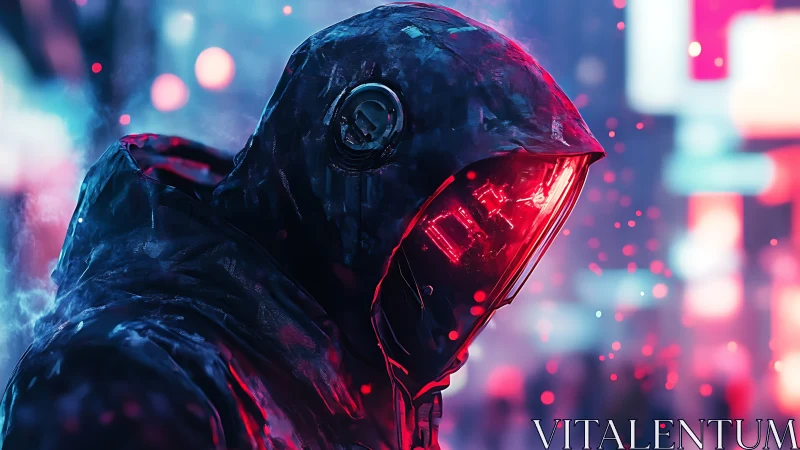 Neon-hooded cyborg drifter in rain-soaked cyber cityscape.