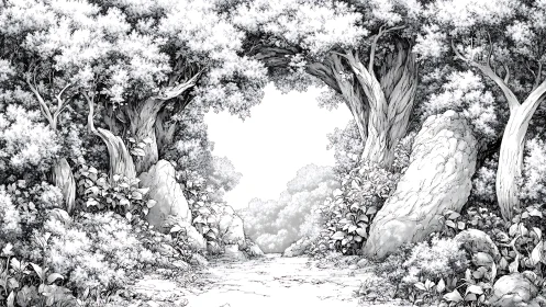 Forest Sanctuary: Ancient Trees Frame Forest Path.