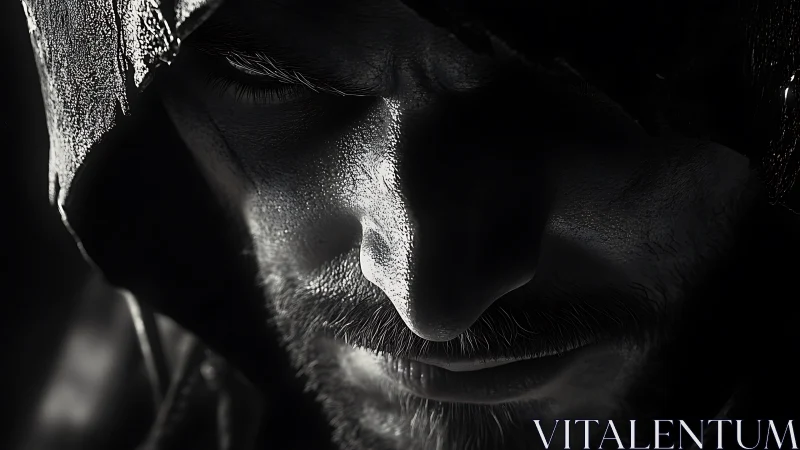 Photorealistic hooded male portrait in dramatic chiaroscuro lighting.