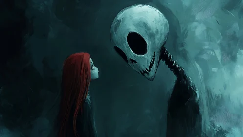 Girl with red hair faces tall skeletal figure in teal void