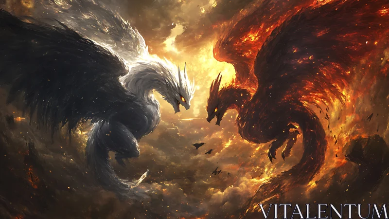 Two elemental phoenixes clash in a storm of fire and light.