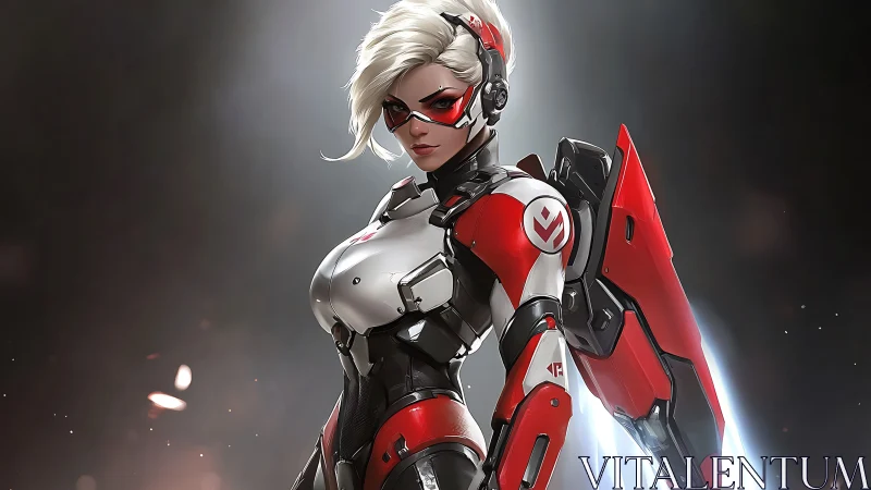 Armored female operative in red and white exosuit holds shield