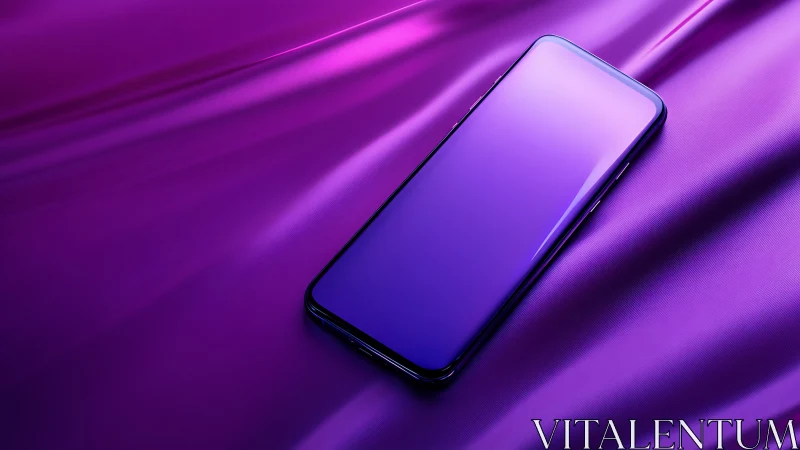 Sleek smartphone on iridescent purple satin surface.