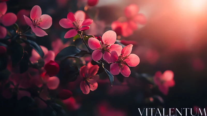Pink Blossoms Illuminated Against Warm Golden Bokeh.
