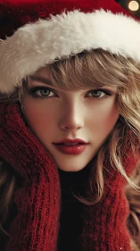 Close-up seasonal portrait in red hat and scarf attire.