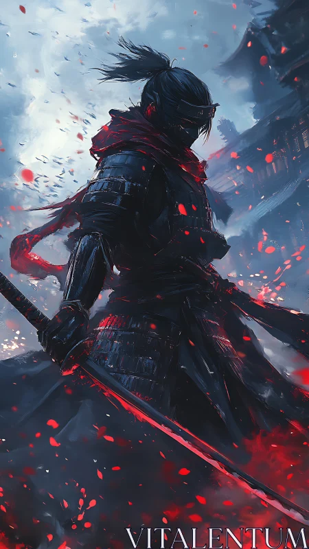 Armored swordsman in red accents within dark battlefield.