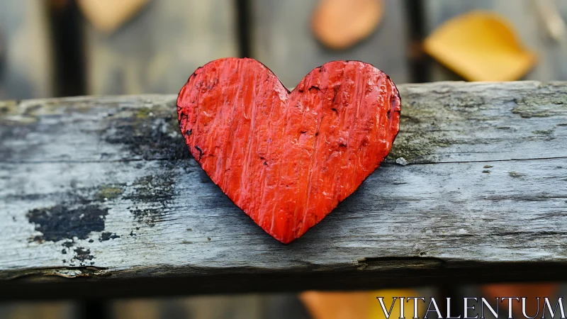 Red heart-shaped object on weathered wooden surface