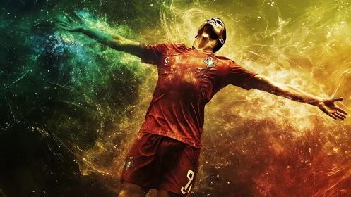 Triumphant soccer player explodes through cosmic light field.