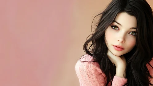 Soft-eyed brunette resting gently in rosy, dreamy light.