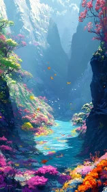 Prismatic river winding through dreamlit, sky-carved canyon.