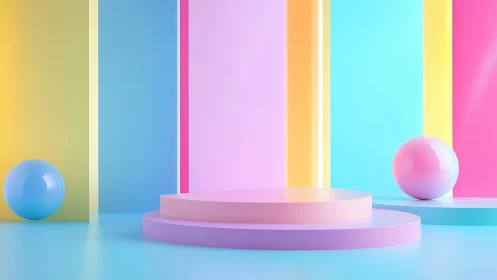 Playful pastel stage with soft glowing geometric shapes.