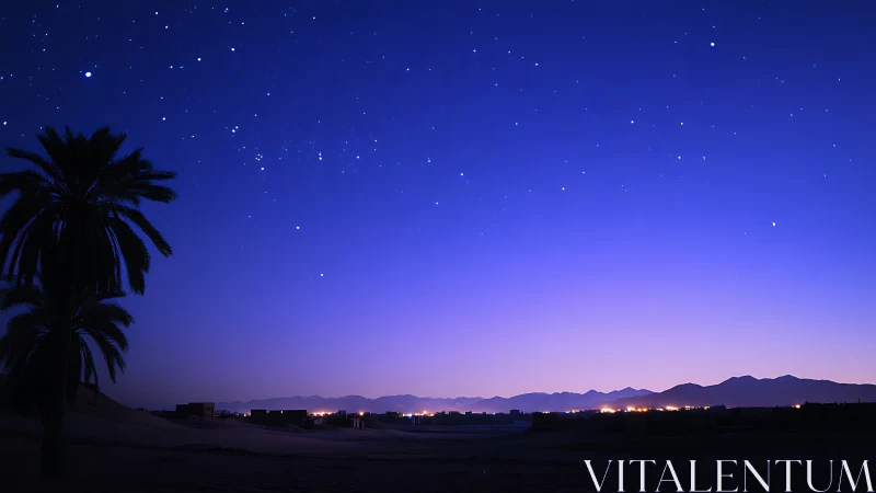 Starry desert horizon glows above distant mountain town.
