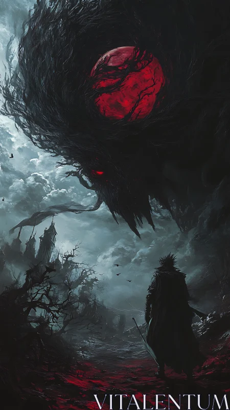 Dark wanderer under blood moon and shadow beast.