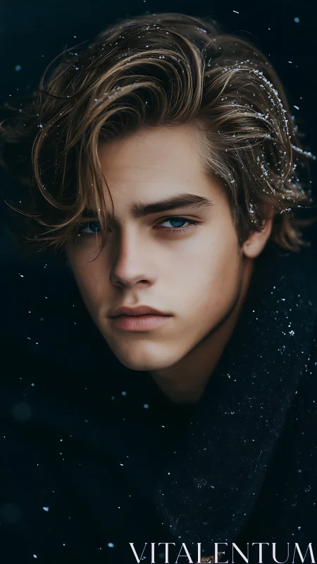 Winter portrait captures intense gaze in soft snowfall.