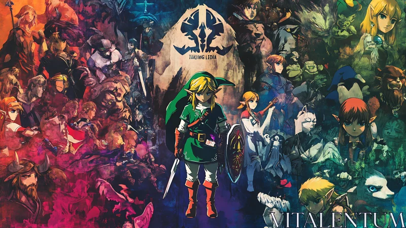 Heroic green-clad adventurer amid swirling fantasy legends.