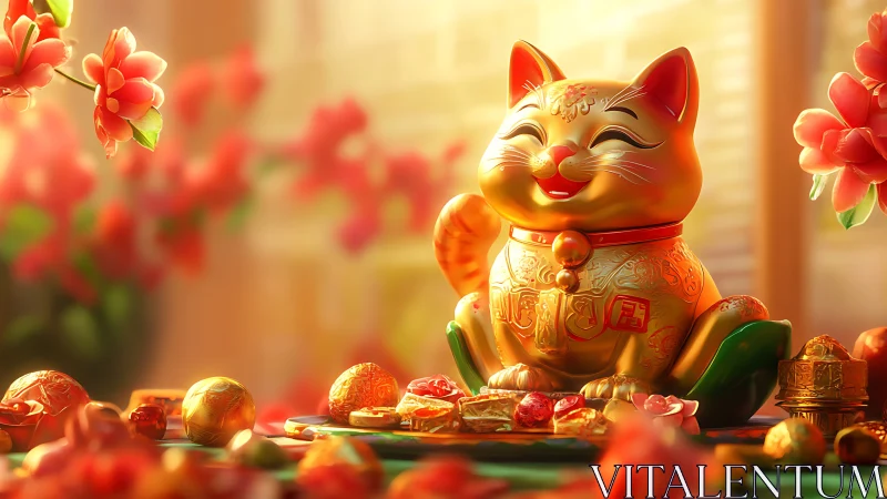 Luminous golden Maneki-neko amid ornate festive confections.