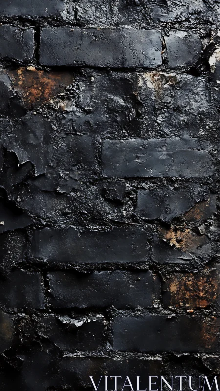 Charred black brick wall with rough peeling textured surface.
