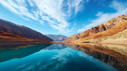 Mountain desert lake with mirror reflections under blue sky.