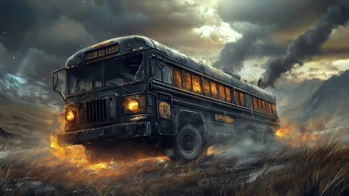 Post‑apocalyptic bus accelerates through burning tundra landscape