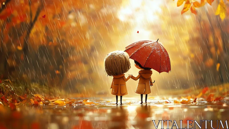 Autumn rainfall corridor with stylized children under umbrella.