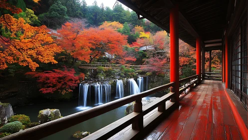 Temple veranda view over autumn forest and tiered waterfall.