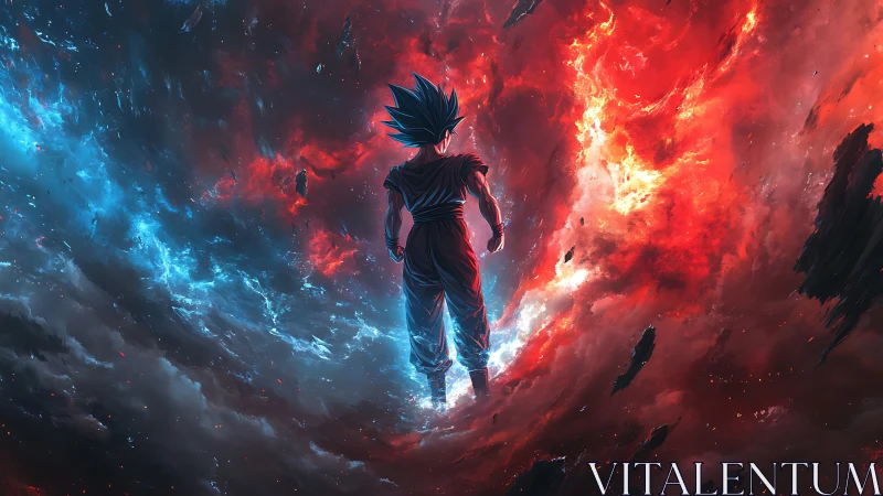 Silhouetted warrior within red and blue cosmic vortex field.