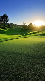 Morning sunlight over smooth green golf course fairway.