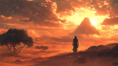 Digital painting of cloaked wanderer in volcanic dusk desert.