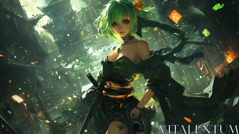 Green haired swordswoman stands in dense illuminated alleyway